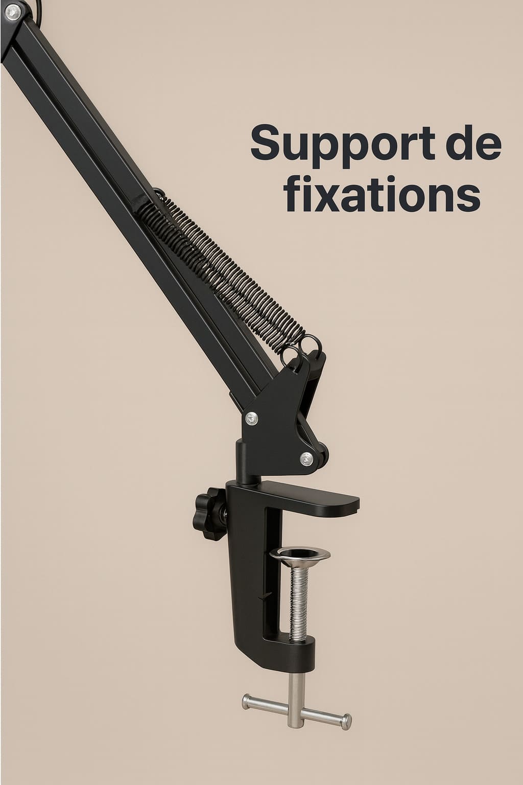 Support de fixation de lampe de bureau LED articulée – pince métallique renforcée, vue détaillée sur fond beige