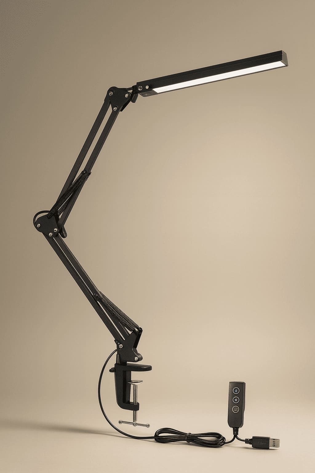 Lampe de bureau LED articulée avec pince de fixation et télécommande USB – vue complète sur fond beige