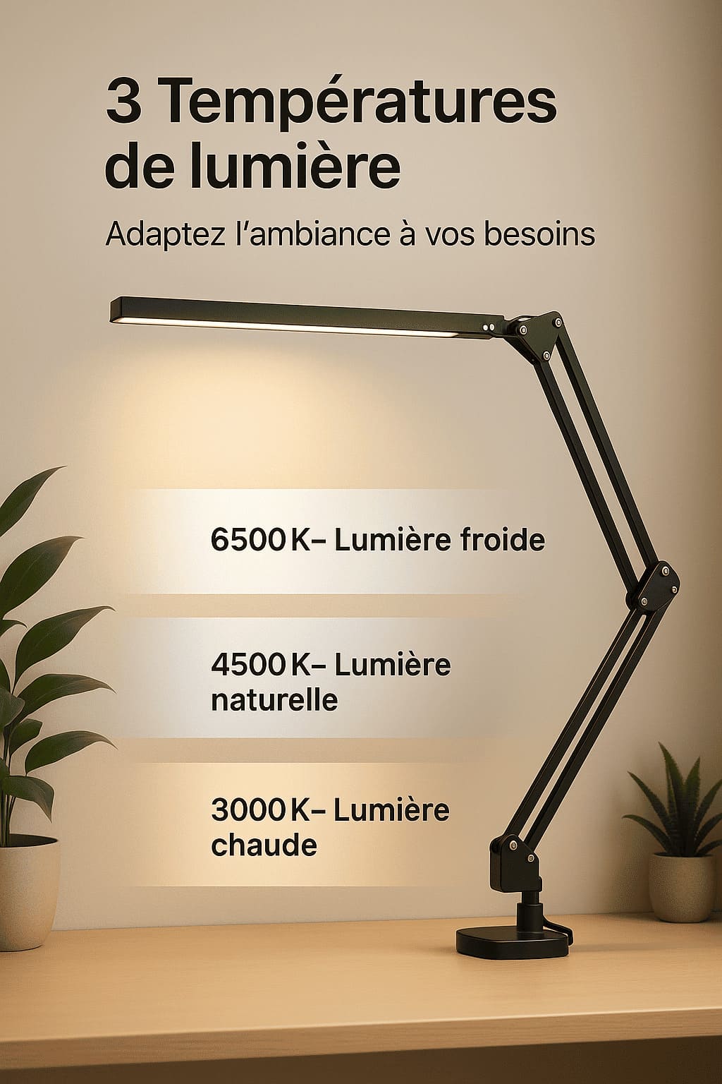 Lampe de bureau LED articulée avec pince de fixation, montrant les 3 températures de lumière (3000K, 4500K, 6500K) sur un bureau moderne
